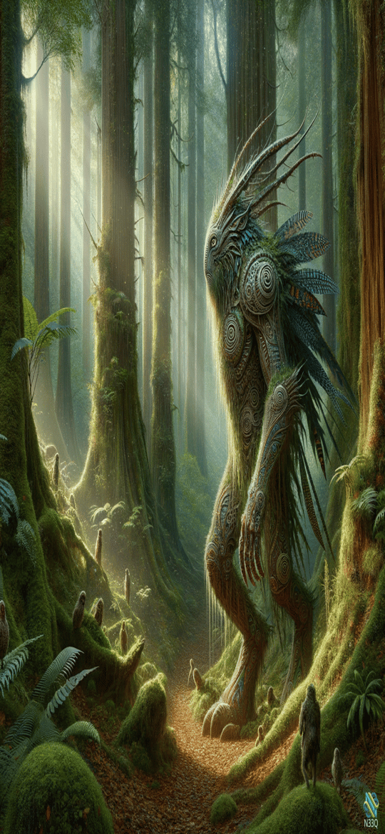Feathered Moss Creature in Sunlit Forest