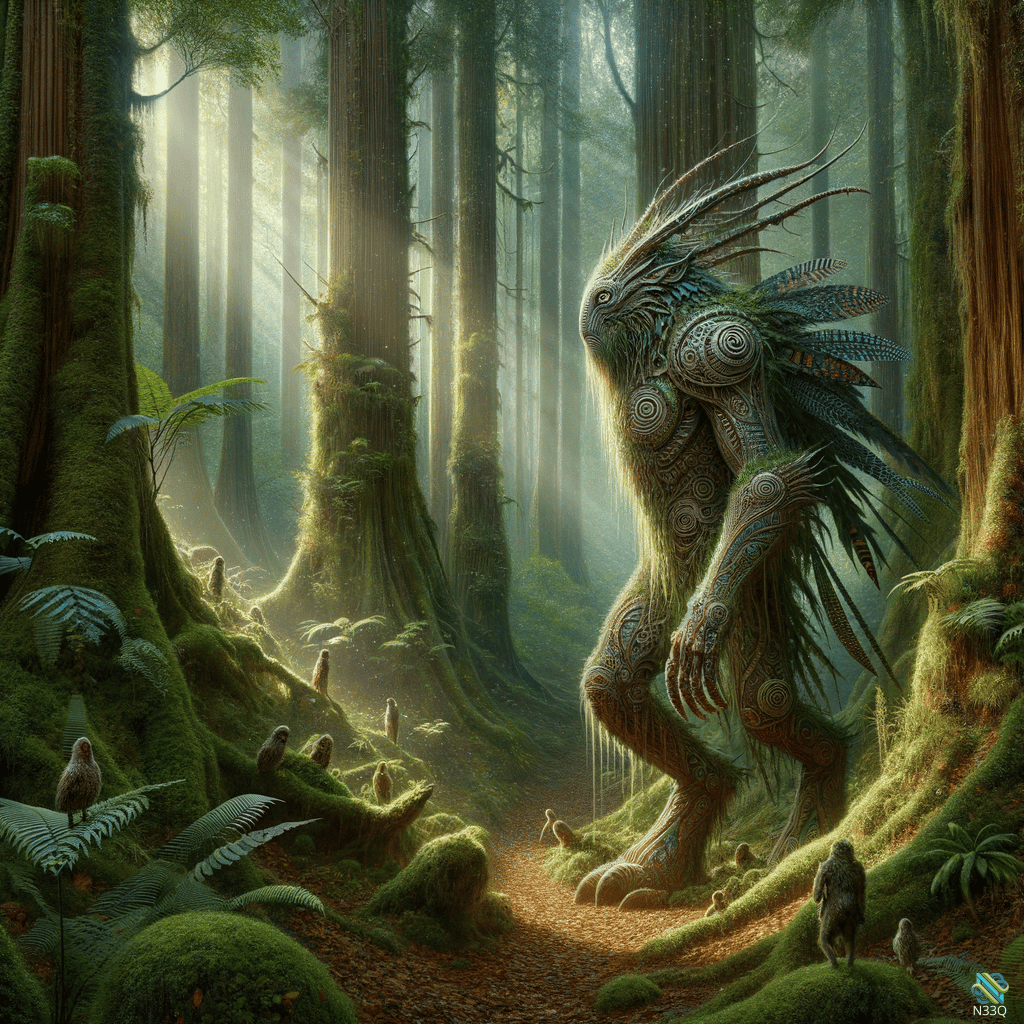 Feathered Moss Creature in Sunlit Forest