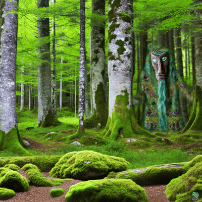 Tree Spirit with Turquoise Waterfall in Mossy Forest