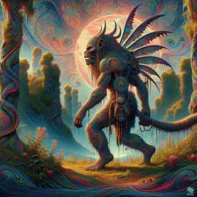 Winged Sasquatch in Psychedelic Forest