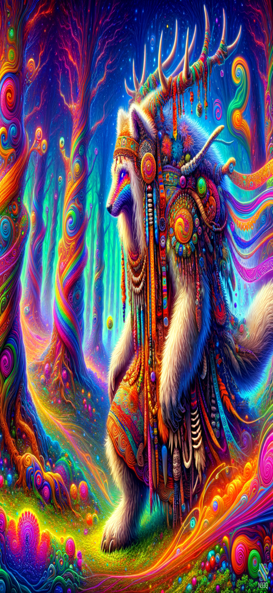 Antlered Wolf in Rainbow Enchanted Forest