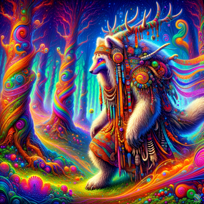 Antlered Wolf in Rainbow Enchanted Forest