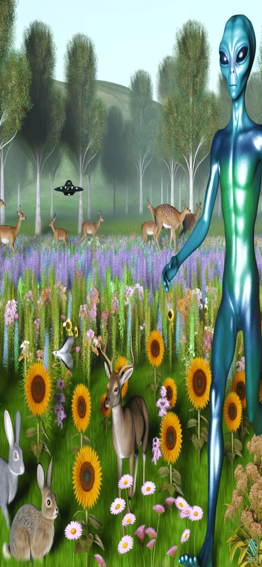 Blue Alien in Meadow with Deer and Rabbits