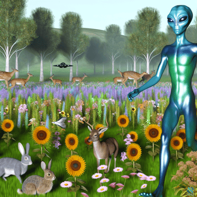 Blue Alien in Meadow with Deer and Rabbits