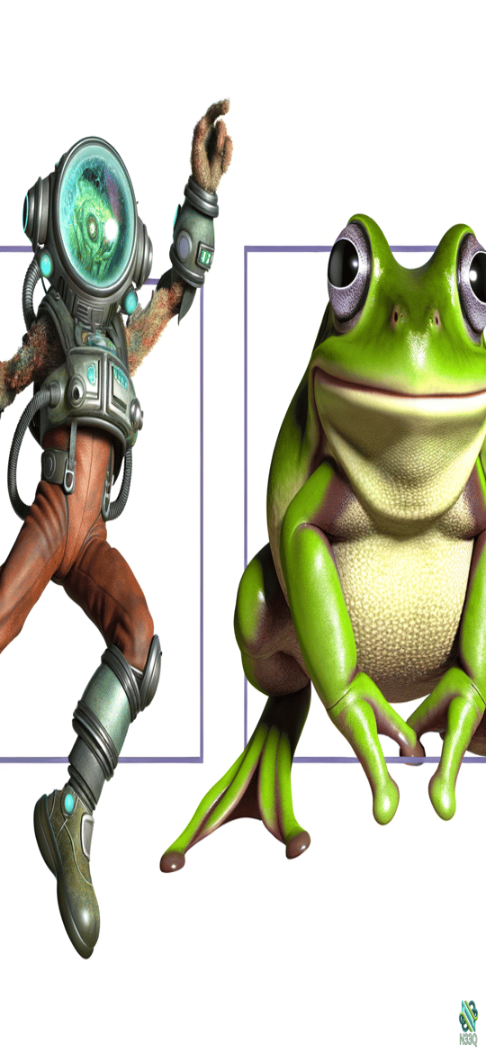 Raccoon Astronaut and Green Frog