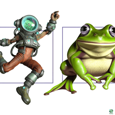 Raccoon Astronaut and Green Frog