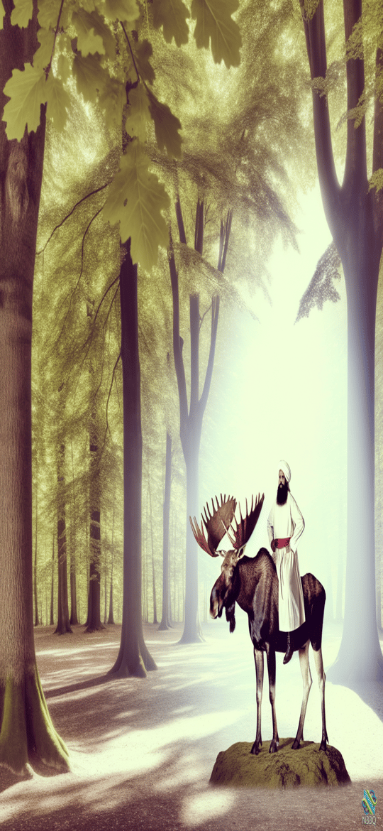 Man in Turban Riding Moose in Forest