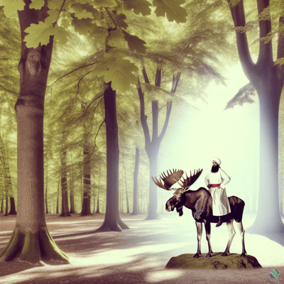 Man in Turban Riding Moose in Forest