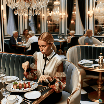 Woman Eating Sushi in Opulent Restaurant