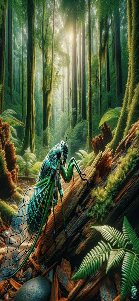 Iridescent Cicada on Mossy Forest Log