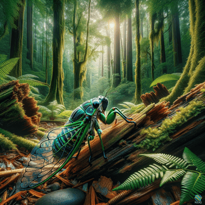 Iridescent Cicada on Mossy Forest Log