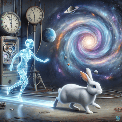 Holographic Woman and Rabbit Before Galaxy