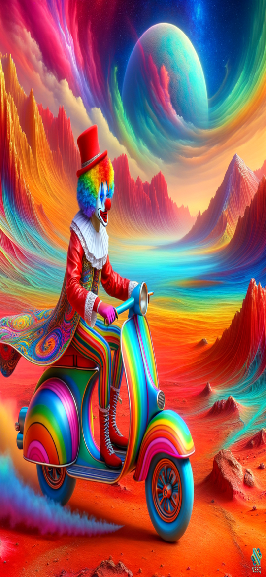 Clown Riding Rainbow Scooter Through Surreal Cosmic Landscape
