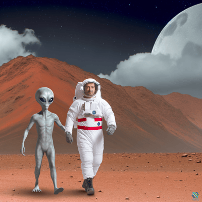 Astronaut and Alien Walking on Mars