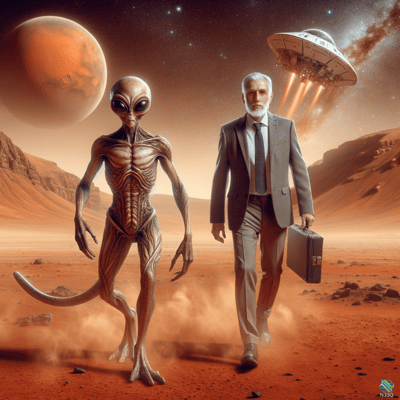 Alien and Businessman on Mars with UFO