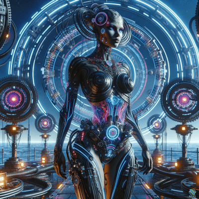 Cybernetic Woman Before Neon Circular Portal