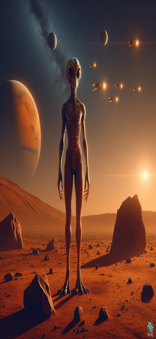 Alien on Red Desert Planet with UFOs