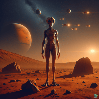 Alien on Red Desert Planet with UFOs