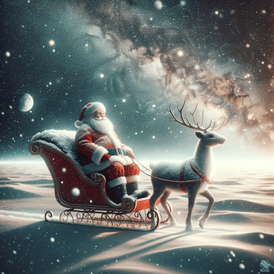 Santa Claus in Sleigh with Reindeer at Night
