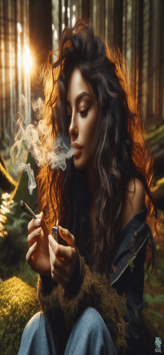 Woman Smoking Cigarette in Sunlit Forest