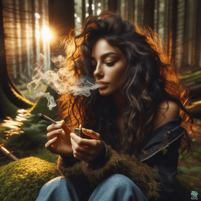 Woman Smoking Cigarette in Sunlit Forest