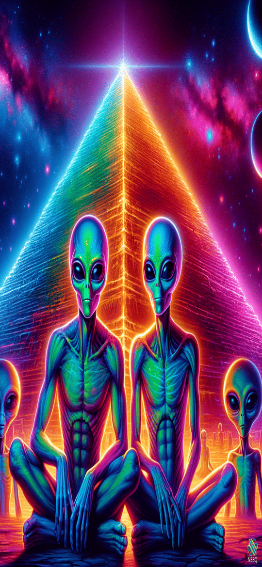 Neon Aliens Before Glowing Cosmic Pyramid