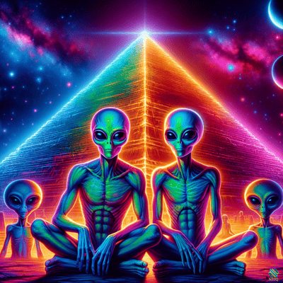 Neon Aliens Before Glowing Cosmic Pyramid
