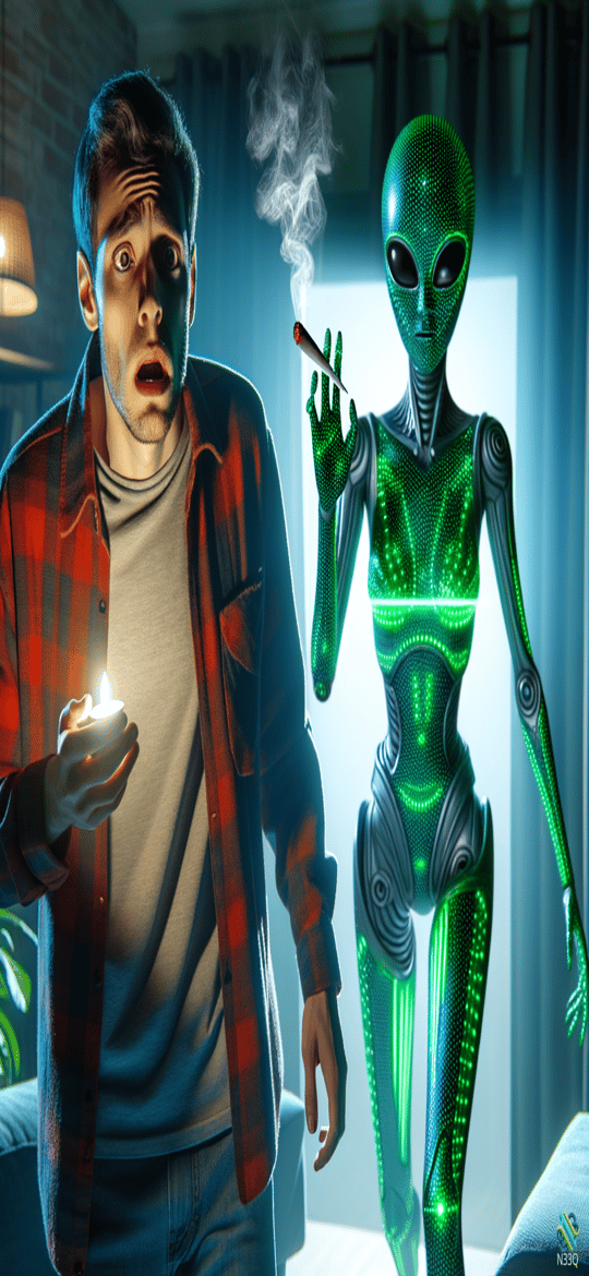 Man Surprised by Glowing Alien Smoking