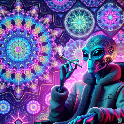 Neon Alien Smoking Cigarette in Psychedelic Mandalas