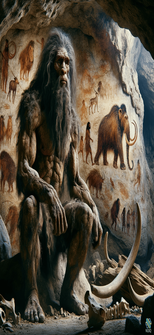Hairy Caveman Seated in Painted Prehistoric Cave