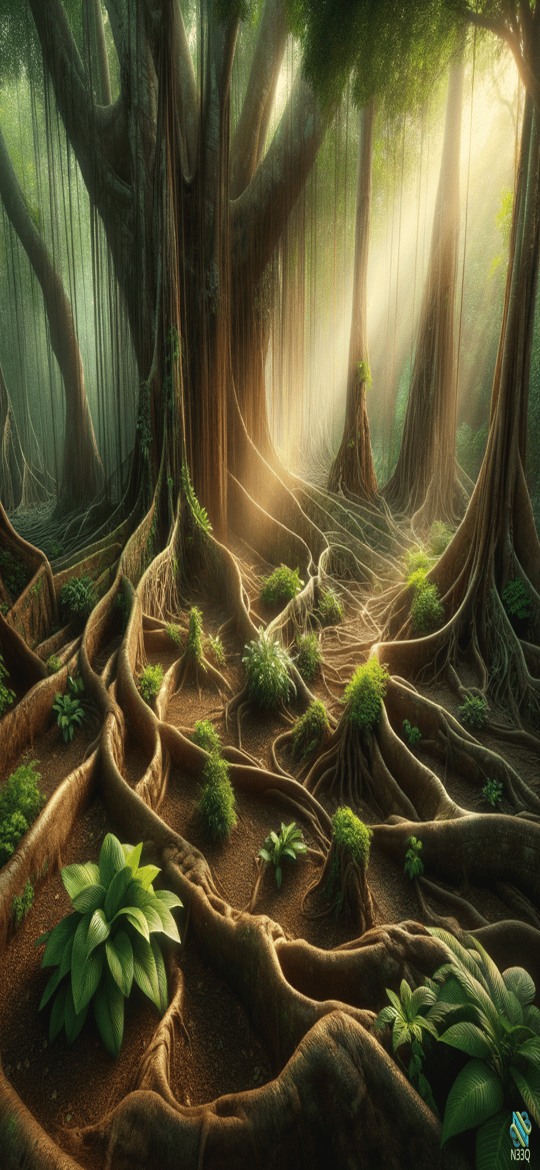 Sunlit Rainforest with Tangled Tree Roots