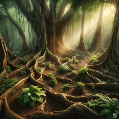 Sunlit Rainforest with Tangled Tree Roots
