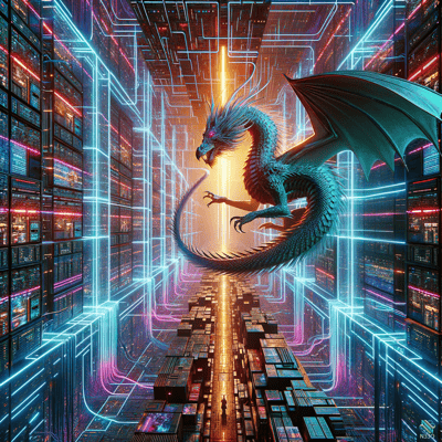 Dragon Soaring Through Neon Server Corridor