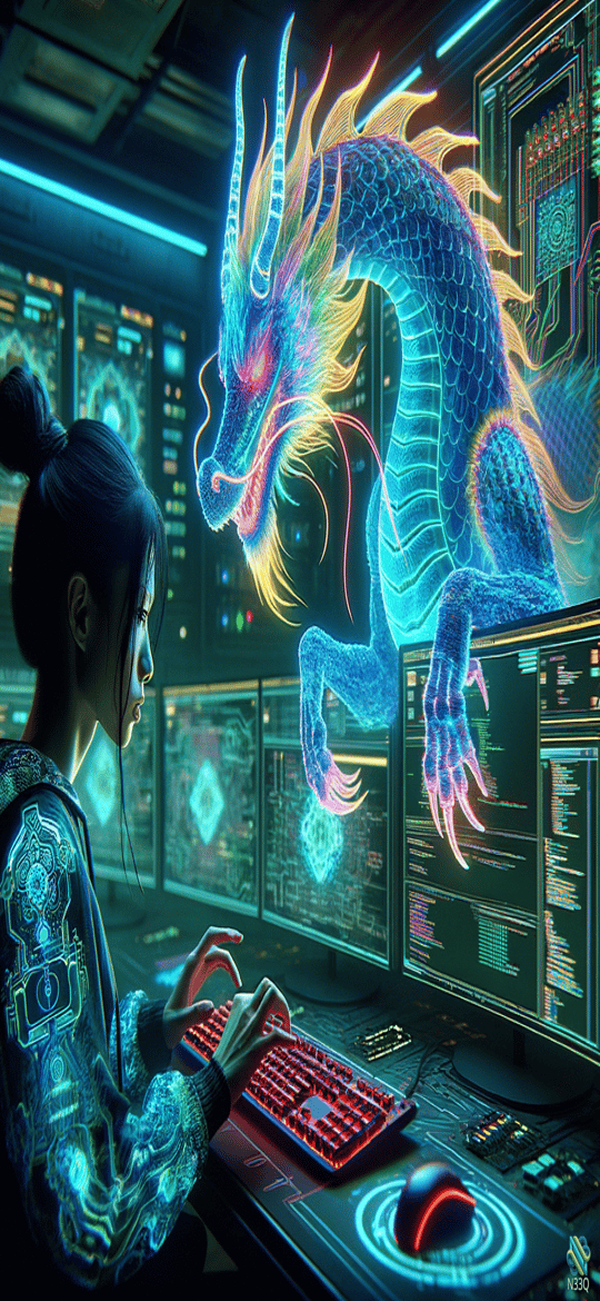 Woman with Holographic Neon Dragon