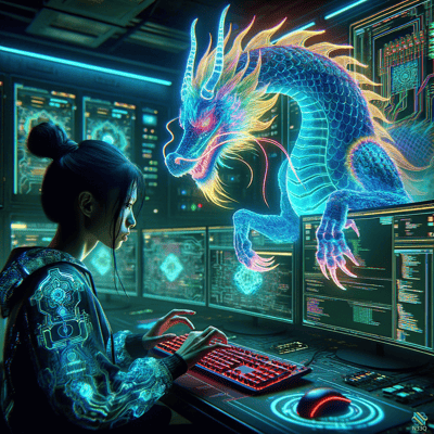 Woman with Holographic Neon Dragon