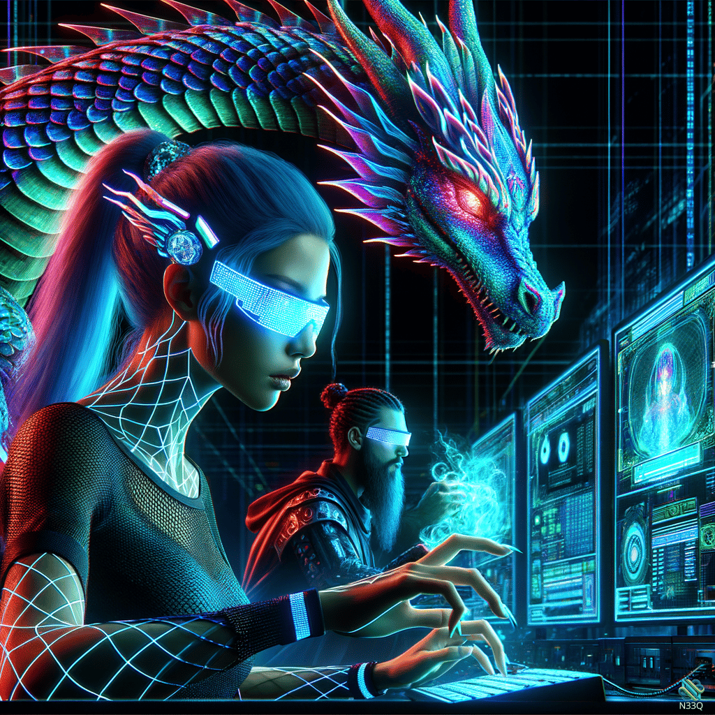 Cyberpunk Woman with Neon Dragon in Control Room