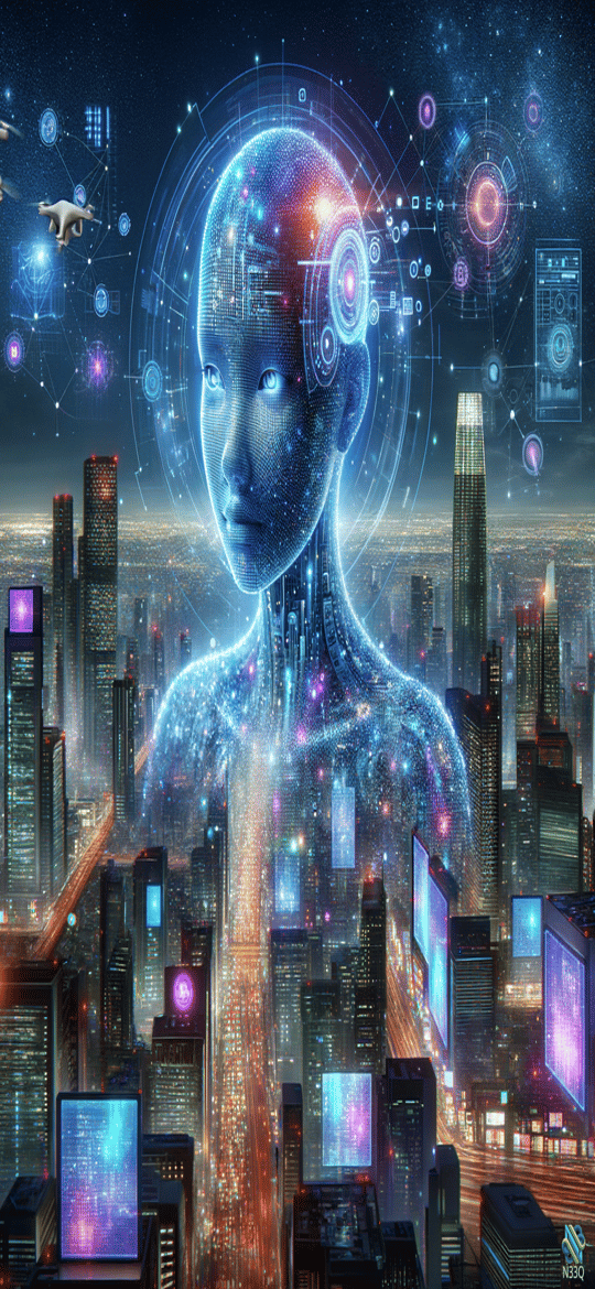 Holographic Woman Over Futuristic Neon City