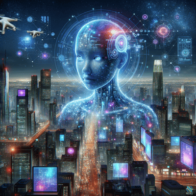 Holographic Woman Over Futuristic Neon City