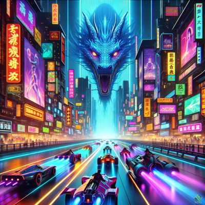 Giant Blue Dragon Over Neon Cyberpunk Highway