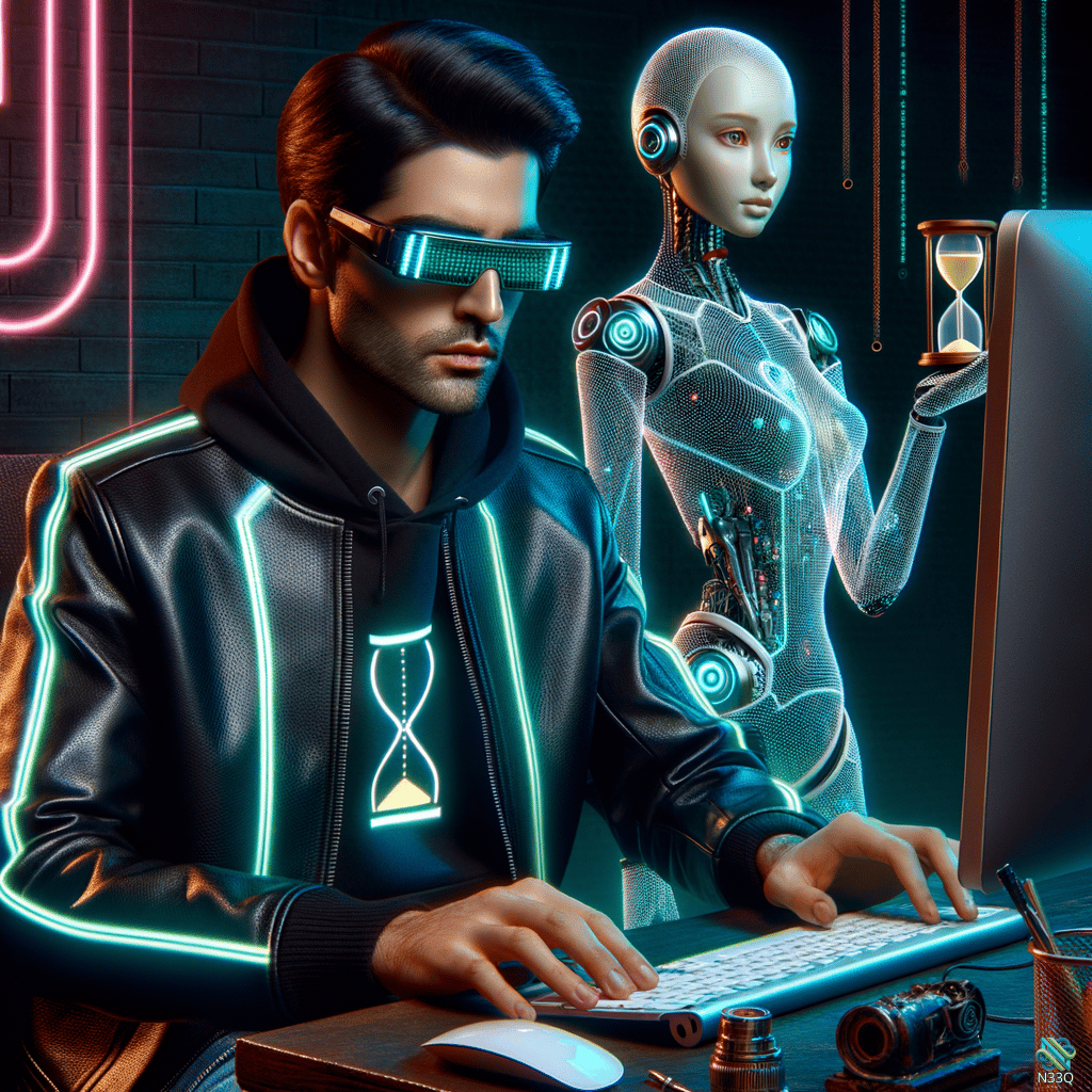 Man and Female Cyborg at Neon Desk