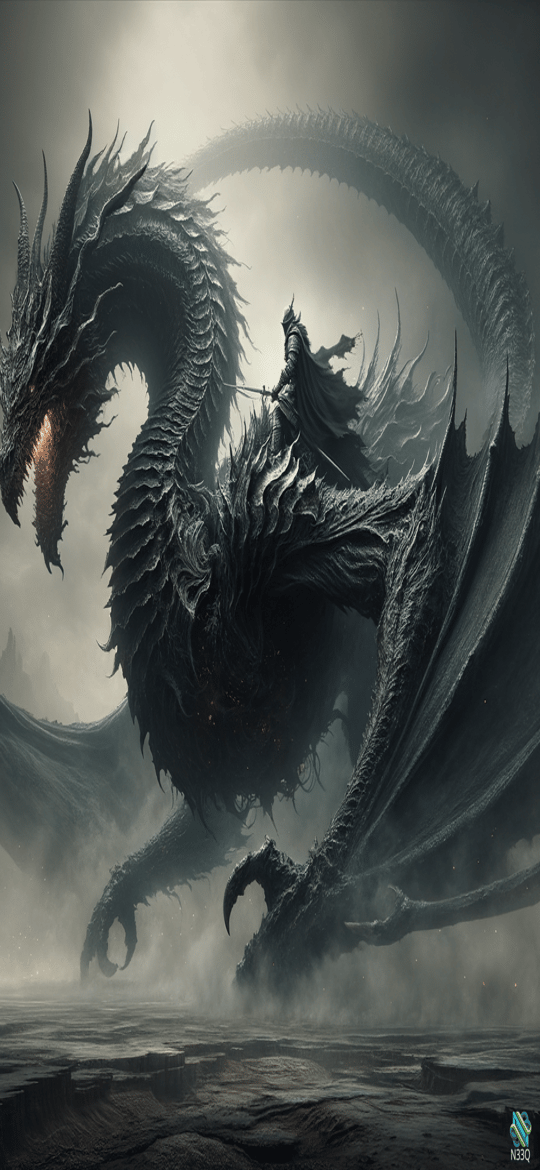 Knight Riding Massive Black Dragon Over Mist