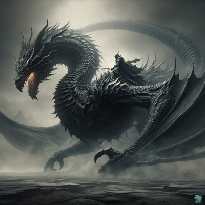 Knight Riding Massive Black Dragon Over Mist