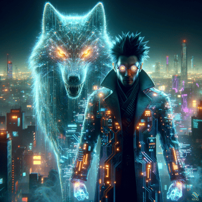 Man with Glowing Wolf in Neon City