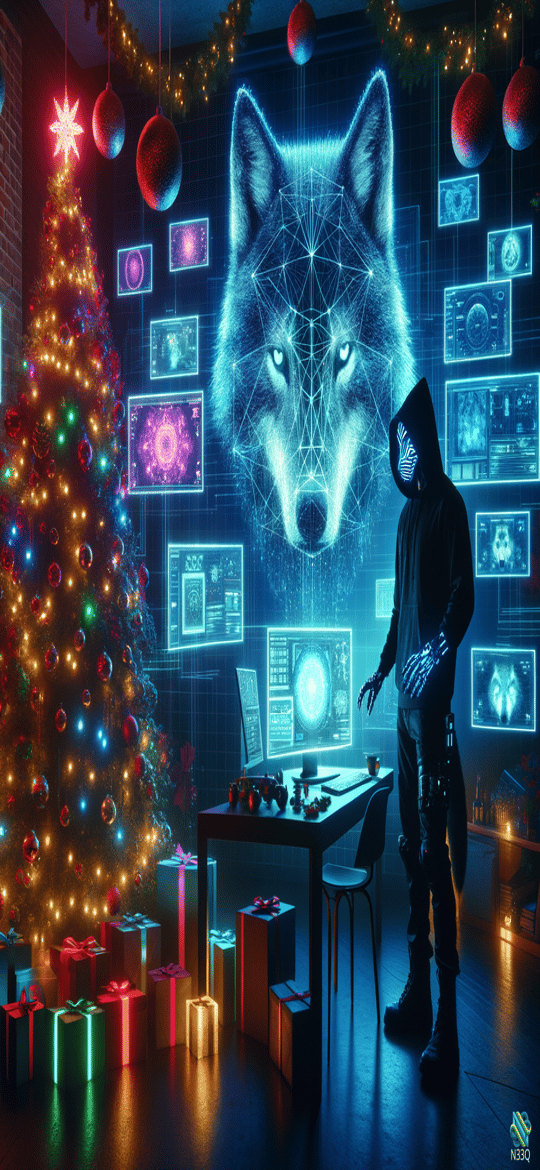 Holographic Wolf and Cyberpunk Christmas Scene