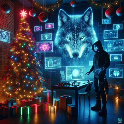 Holographic Wolf and Cyberpunk Christmas Scene