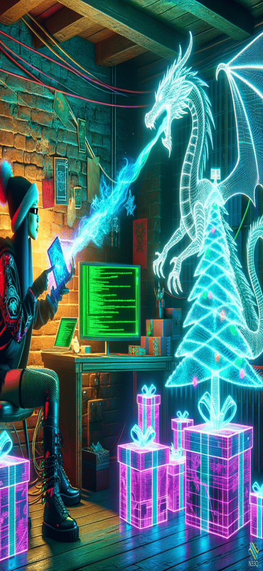 Cyberpunk Woman Projecting Neon Dragon by Tree