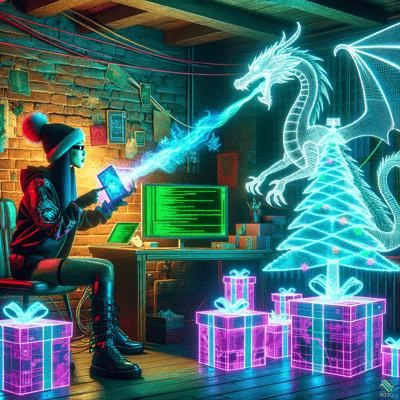 Cyberpunk Woman Projecting Neon Dragon by Tree