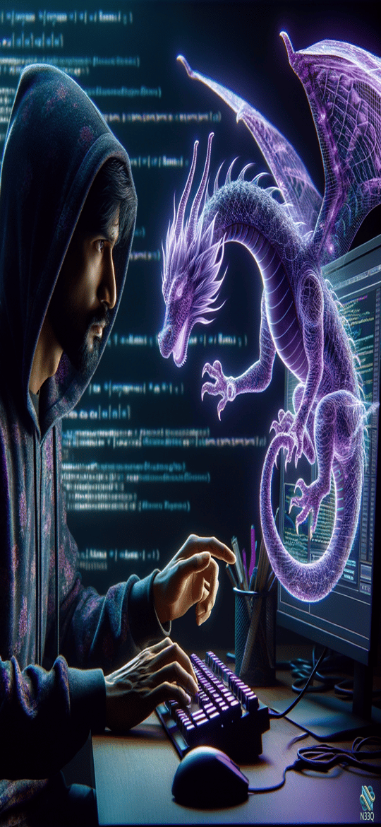 Hooded Programmer with Holographic Purple Dragon