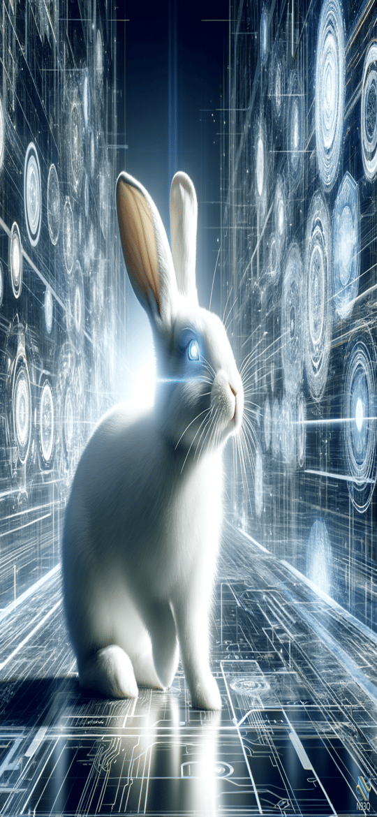White Rabbit in Neon Digital Corridor