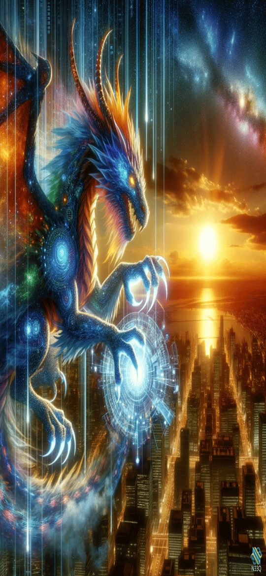 Dragon Grasping Hologram Over Sunset City